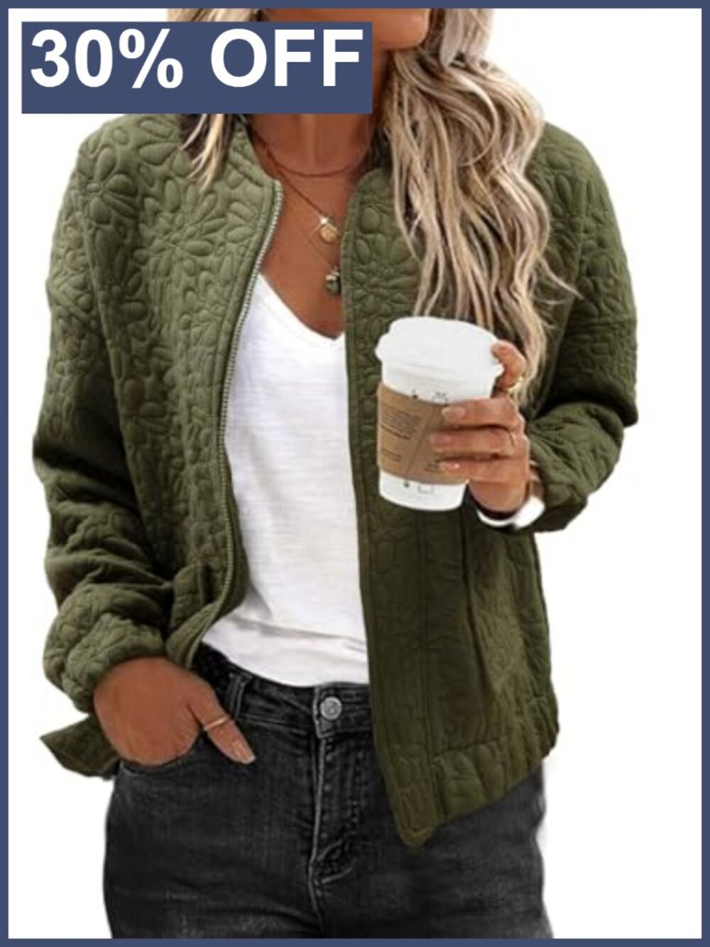 EVALESS Women's Jacquard Bomber Jacket Zip Up Loose Fit Casual Coat with Pockets